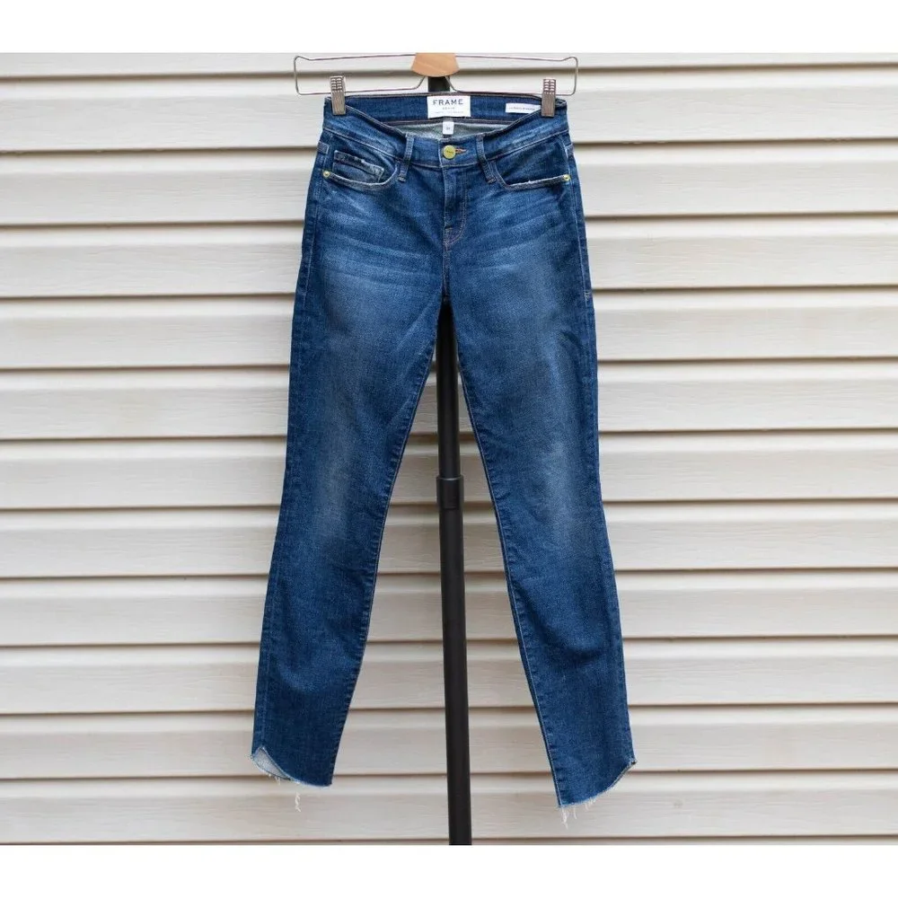 FRAME‎ Womens Le Skinny de Jeanne Jeans Size 24 Blue Wash Frayed Cutoff Mid Rise